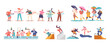 Set of Children Different Fun and Activities. Kids Boys or Girls Character Spinning Hoop, Walking Under Umbrella at Rain