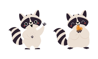 Sticker - Funny raccoon in different activities set. Cute wild animal character waving its paw and holding heart cartoon vector illustration