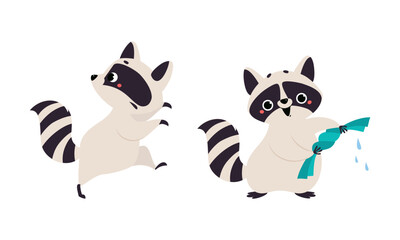 Poster - Funny raccoon in different activities set. Cute wild animal character washing clothes and running away cartoon vector illustration