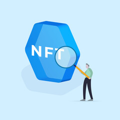 Aufkleber - NFT marketplace concept. Digital market for crypto collectibles and exchange NFTs - non-fungible tokens. Vector illustration with a character with a magnifying glass who chooses unique futuristic art