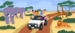 Safari tour in Africa. Tourists in jeep car taking photos of wild animals in savannah. People with cameras riding vehicle, wildlife adventure trip. Journey to African savanna. Flat vector illustration