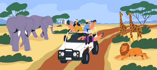 Wall Mural - Safari tour in Africa. Tourists in jeep car taking photos of wild animals in savannah. People with cameras riding vehicle, wildlife adventure trip. Journey to African savanna. Flat vector illustration