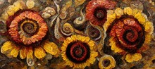 Gerbera Daisies, Sunflowers And Marigold - Imaginative Surreal Fusion Digital Painting Series In Comforting Autumn Burnt Orange, Sunny Yellow, Deep Red And Warm Earthy Jasper Stone Brown Colors.