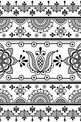 Fototapete - Scandinavian, Nordic folk art style outline vector seamless tile pattern with flowers in black and white - textile or fabric print design
