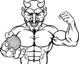 Fototapeta Dinusie - A devil Satan golf sports mascot cartoon character man holding a ball