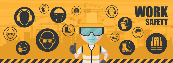 Worker background using his personal protective equipment. Set of icons, pictograms of industrial safety and occupational health for the prevention of occupational risks and accidents