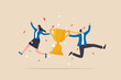 Team success, partnership or teamwork to win business competition, winner or achievement, work together or cooperation concept, businessman and businesswoman partner celebrate winning victory trophy.