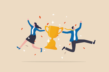 Wall Mural - team success, partnership or teamwork to win business competition, winner or achievement, work toget