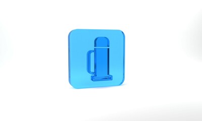 Poster - Blue Thermos container icon isolated on grey background. Thermo flask icon. Camping and hiking equipment. Glass square button. 3d illustration 3D render