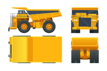 Large Quarry Dump Truck Template On White Background. Equipment For The High-mining Industry. View Front, Rear, Side And Top.