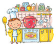 Cartoon kid as chief cooking in the kitchen