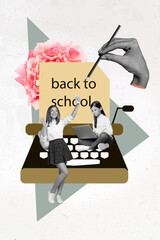 Poster - Vertical poster collage of school girls do selfie write laptop wear uniform isolated on drawing white color background