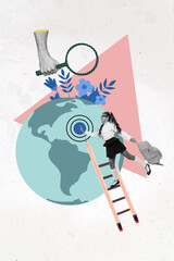 Wall Mural - Vertical collage portrait of small girl black white colors climb pencil ladder hand touch big globe arm hold magnifier loupe