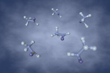 Acetaldehyde or ethanal, an organic chemical compound produced by plants and one of the most important aldehydes. Molecular model on blue background. Scientific background. 3d illustration