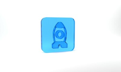 Wall Mural - Blue Rocket ship toy icon isolated on grey background. Space travel. Glass square button. 3d illustration 3D render