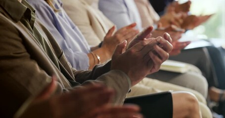 Poster - Business people clapping hands in conference, celebrating success and showing support at a training seminar for work. Closeup of colleagues giving applause, motivation and appreciation at a workshop