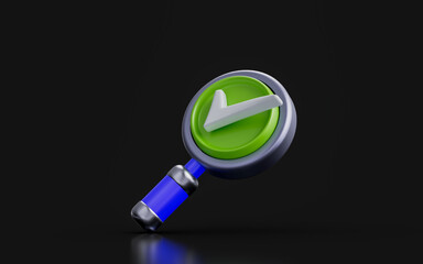 magnify glass sing with check mark on dark background 3d render concept for searching verified