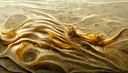 Wall Mural - liquid shiny gold on light marble surface, abstract background, 3d render, 3d illustration