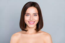 Portrait Of Beautiful Smiling Naked Shoulders Female Smiling With Perfect White New Veneers Isolated On Grey Color Background