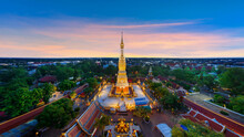 Aerial View Of Phra That Phanom Temple At Twilight In Nakhon Phanom, Thailand.