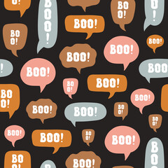 Poster - Abstract seamless pattern with colorful halloween design of bright speech bubble and word BOO on black background. Vector illustration