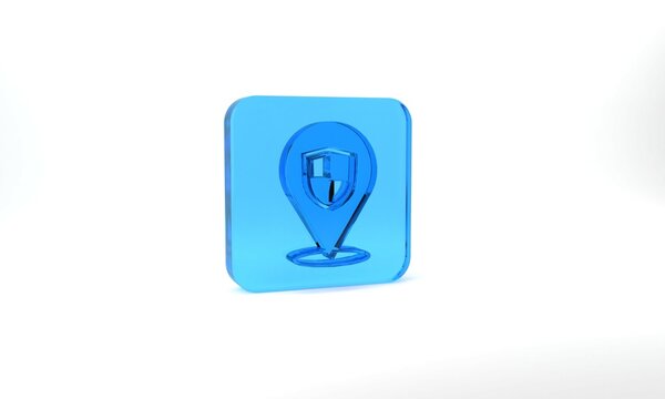 Blue Location shield icon isolated on grey background. Insurance concept. Guard sign. Security, safety, protection, privacy concept. Glass square button. 3d illustration 3D render