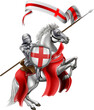 An illustration of Saint George in medieval knight armour mounted on his horse