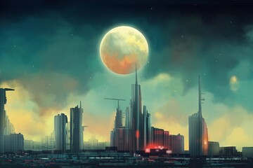 Cyberpunk City. Moon in the Sky. Future Town. Tall Buildings. Realistic Cartoon Style Scifi Background. Scene Design. CG Art Background. Book Illustration. Video Game Scene. Serious Digital Painting.