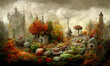 fantasy dreamland  world,  fairytale background, lush vegetation, digital illustration