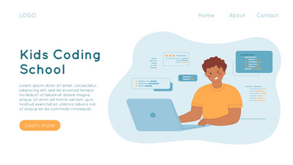 Kids coding school banner with boy sitting with laptop and learning programming language. Digital education concept, vector illustration with schoolchildren, graphic code, text, science web page.