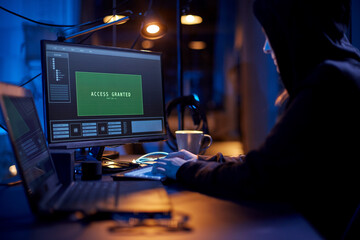 Poster - cybercrime, hacking and technology concept - female hacker in dark room breaking security system or using computer virus program for cyber attack