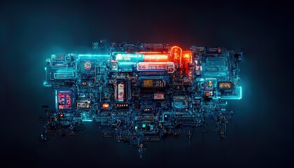 Poster - Futuristic microchip processor with lights on the blue background. Quantum computer, large data processing. 3d render