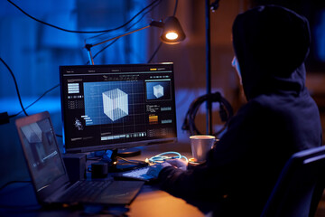 Poster - cybercrime, hacking and technology concept - female programmer or hacker working with 3d graphics on computer in dark room