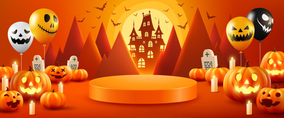 Wall Mural - Halloween Product display stage for presentation. Halloween pumpkins and Ghost Balloons on orange with moon ligt and castle silhouette background. Website spooky or banner template