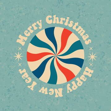 Retro vintage greeting card Merry Christmas and Happy New Year. Groove Christmas card. Vector illustration