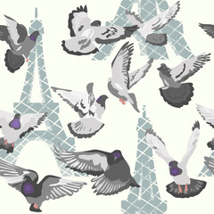 Naklejka na meble Seamless pattern with gray doves in Paris Flying birds and silhouettes of Eiffel tower in grey colours Vector illustration in flat style for wrapping paper, textile, fabric and packaging decoration