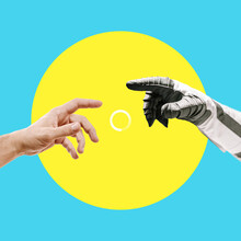 Digital Collage Of Contemporary Art. Helping And Saving Hand With A Download Badge. Astronaut Reaching Out To Man On Yellow Circle And Blue Background. God And Humanity. Artificial Intelligence