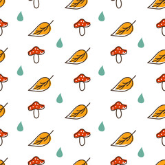 Wall Mural - Autumn weather seamless pattern. Fly agaric, leaf and raindrop hand drawn.