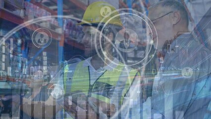 Poster - Animation of graph, profile icons over caucasian supervisor discussing with colleague in warehouse
