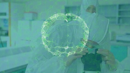 Poster - Animation of brain over caucasian lab workers in safety clothes with microscope