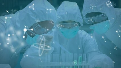 Poster - Animation of molecules over diverse lab workers in safety clothes with microscope