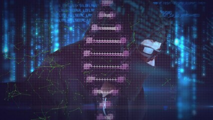Poster - Animation of data processing, dna and connections over caucasian male hacker