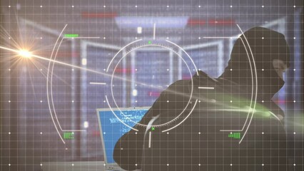 Poster - Animation of viewfinder, light and servers over caucasian male hacker