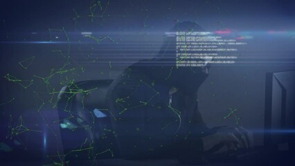 Poster - Animation of data processing, lights and connections over caucasian male hacker