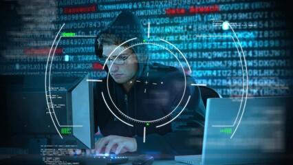 Poster - Animation of viewfinder, data and purple shapes over caucasian male hacker