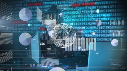 Poster - Animation of globe, graphs and data processing over caucasian male hacker