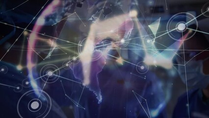 Poster - Animation of network of connections and globe over team of diverse surgeons during operation
