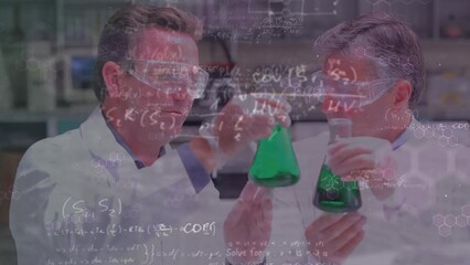 Poster - Animation of data processing and chemical formulas over caucasian male senior lab workers