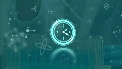 Wall Mural - Animation of clock and molecules over lab worker with samples