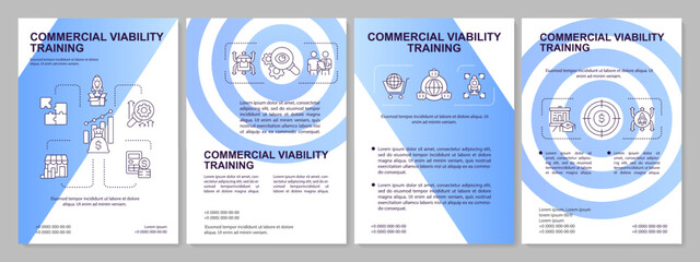 Commercial viability in entrepreneurship blue gradient brochure template. Leaflet design with linear icons. 4 vector layouts for presentation, annual reports. Arial, Myriad Pro-Regular fonts used